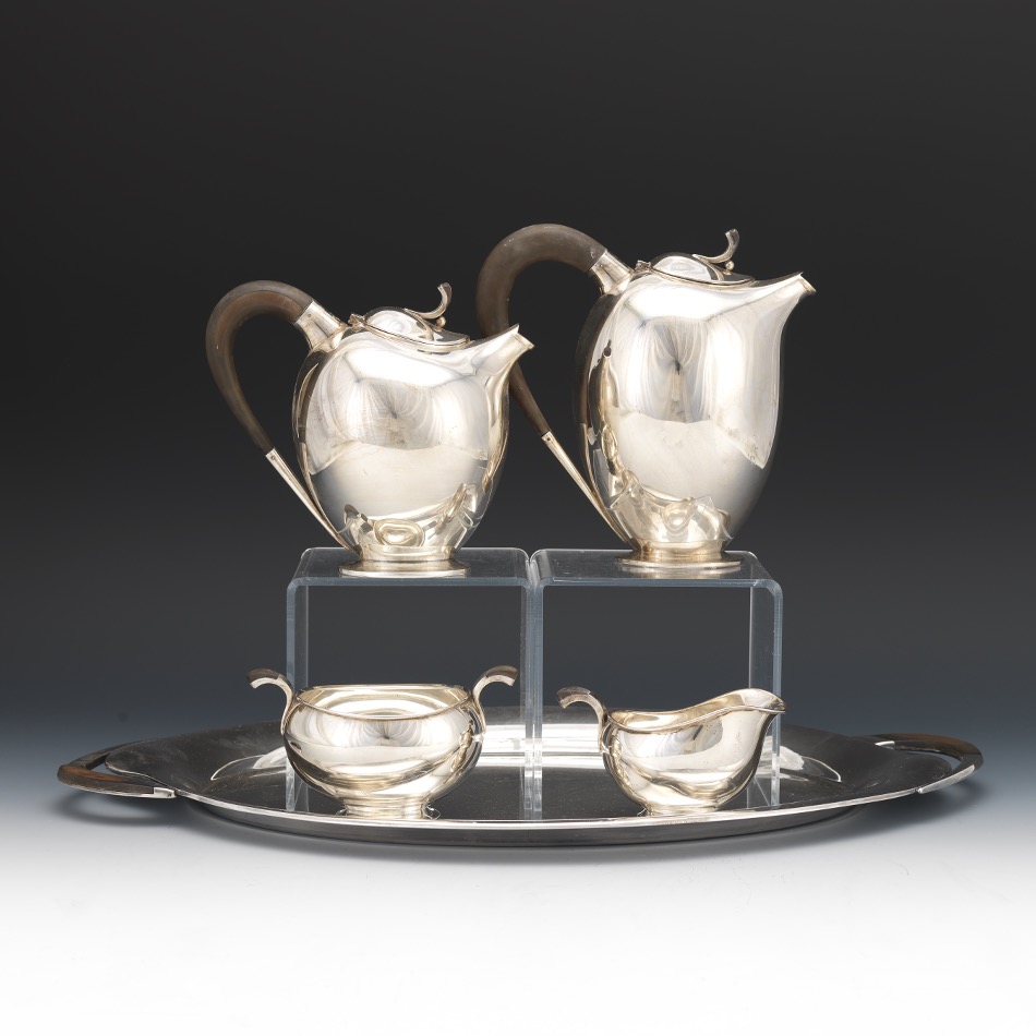 Danish Art Deco Sterling Silver Four-Piece Tea/Coffee Service and Silver Plated Tray by Hugo GrÃ¼n,