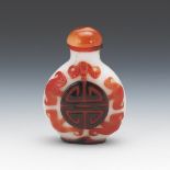 Chinese Peking Glass Tri-Color Snuff Bottle with Symbol of Longevity and Carved Agate Stopper