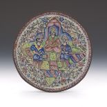 Antique Persian Narrative Enameled Copper "Shah" Plaque, Safavid Dynasty
