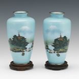 Pair of Japanese Cloisonne Enamel Mount Fuji Cabinet Vases, ca. Early 20th Century