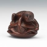 Wood Netsuke of Kappa on a Clam Shell