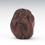 Signed Carved Wood Monkey Netsuke