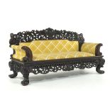 Oriental Carved Sofa in Yellow Upholstery