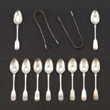 George III and Queen Victoria English Sterling Silver Ten Teaspoons and Two Sugar Tongs, including