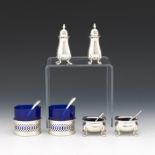 Webster Sterling Pair of Silver and Cobalt Glass Insert Salt Cellars with Spoons, and English Pair