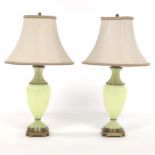 Pair of French Mid Century Chartreuse Opaline Glass and Patinated Brass Lamps, Made for Paul Hanson