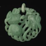 Carved Celadon Jade Buddha Hand Citron and Peach of Immortality Pendant