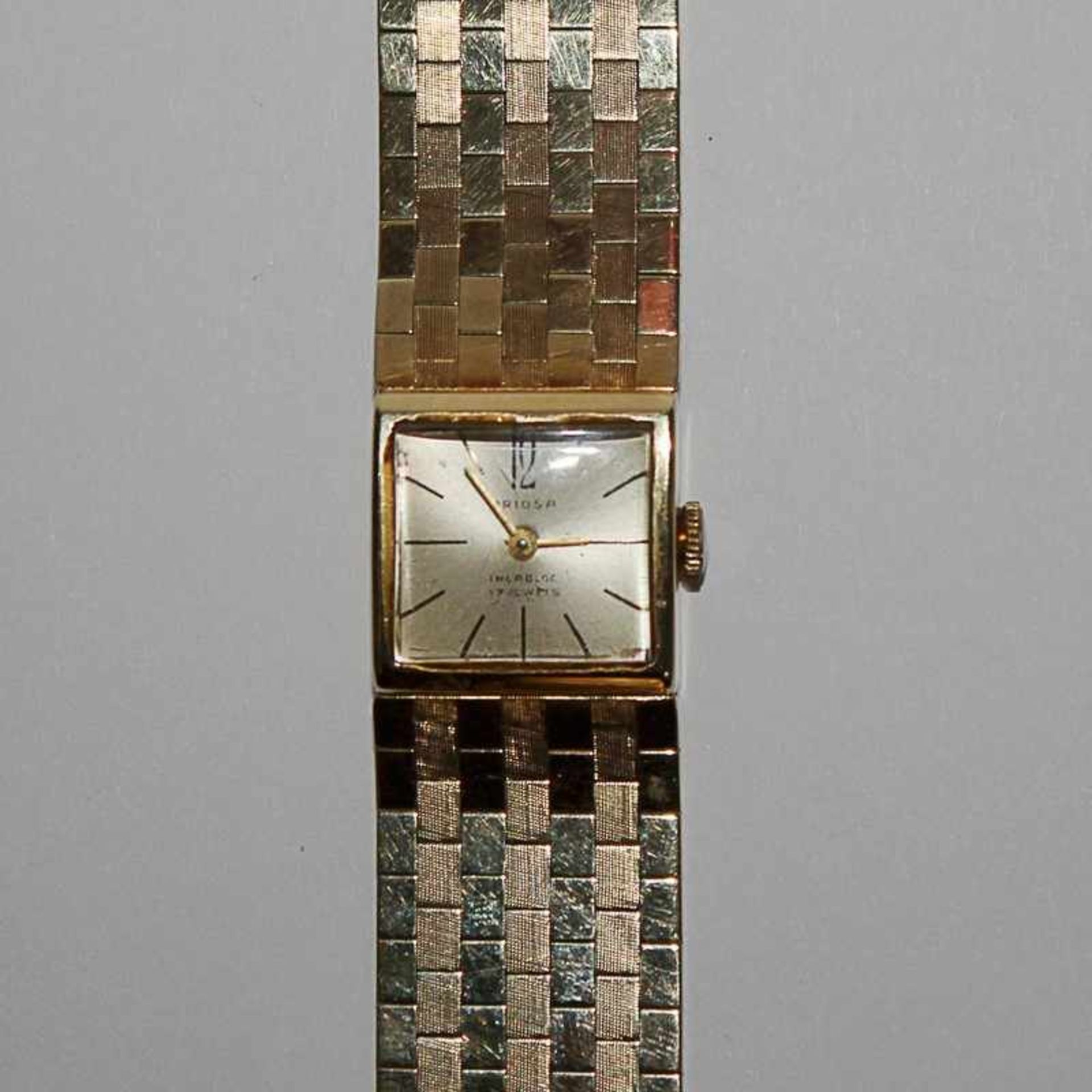 Damenarmbanduhr - Priosa GG 585, bez. "Incabloc 17 Jewels", rechteckiges Gehäuse, ca.1,8 x 1,6cm,