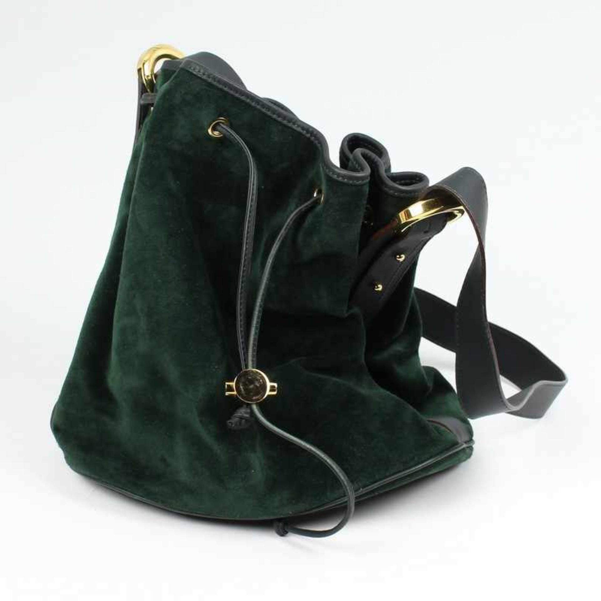 Bally - Damenhandtasche dunkelgrünes Wildleder, Beutelform, mit Lederapplikation u.