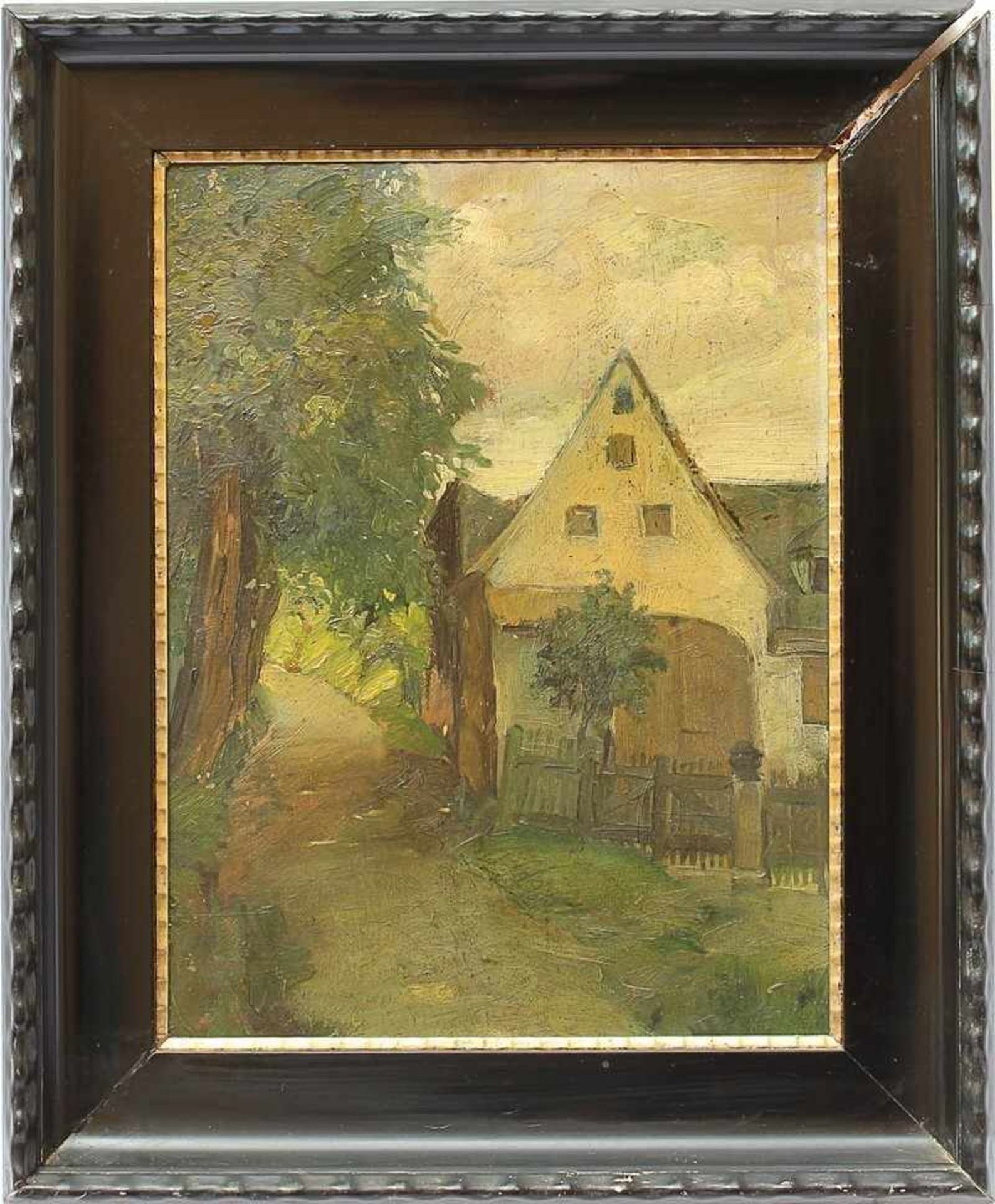 Künstlernachlass Hemmerlein Hemmerlein, Karl, "Haus im Grünen", Öl/Platte, grüntonige Farbpalette,