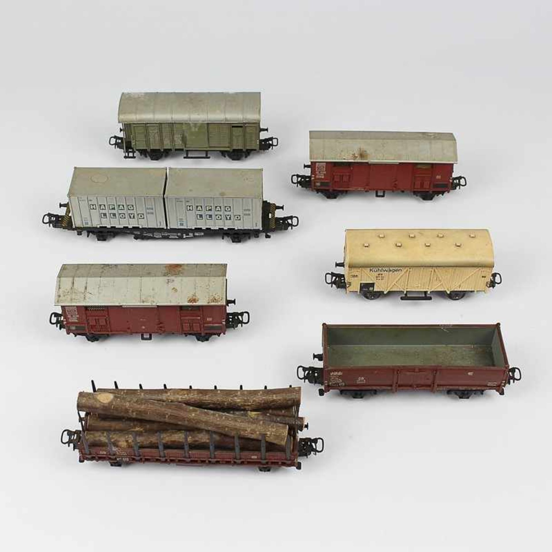 Märklin - Eisenbahn 7 Güterwagen, H0, 1x grauer geschlossener Güterwagen der SBB-CFF; 2x gedeckter