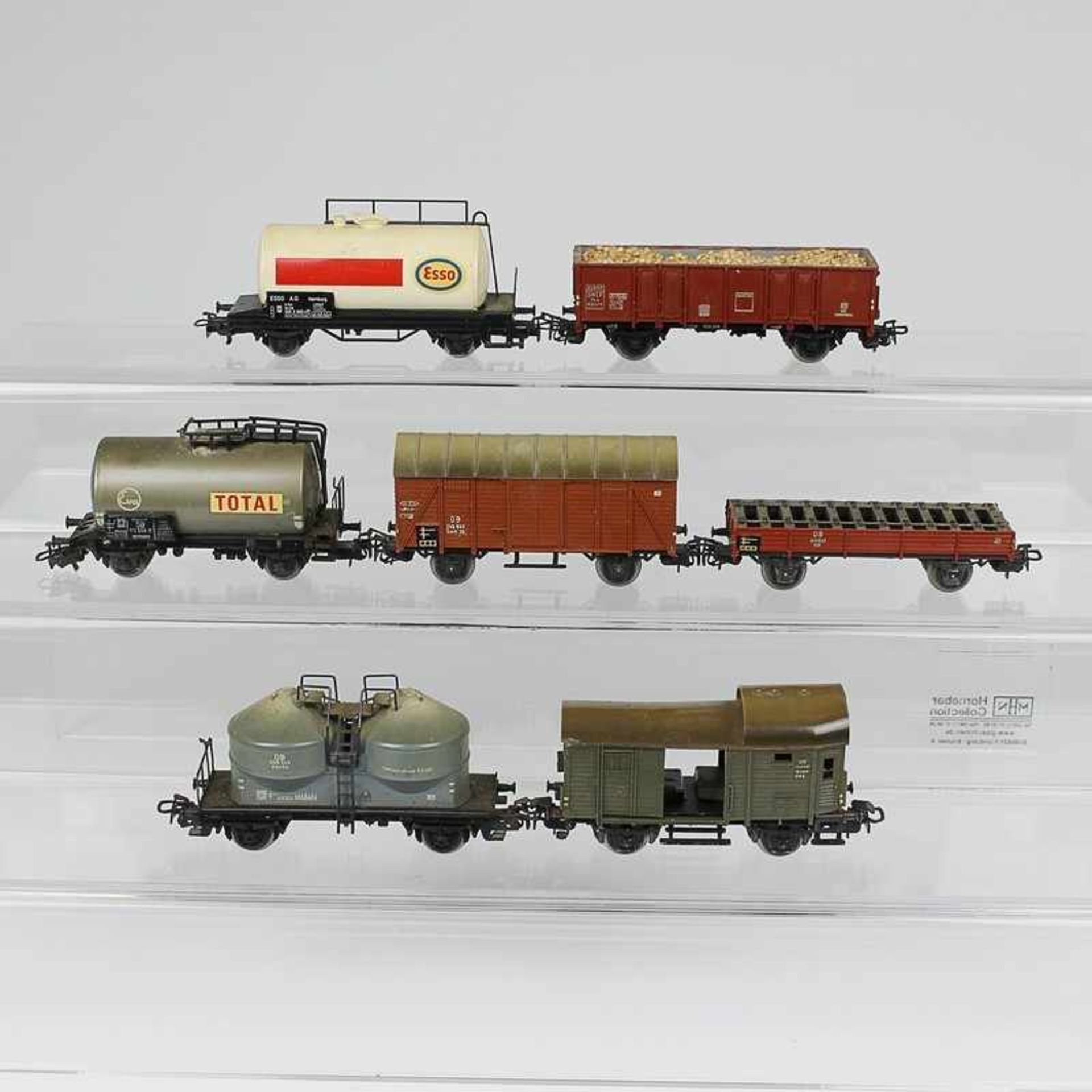 Märklin - Eisenbahn 7 Güterwagen, H0, 1x grüner Gepäckwagen, 1x offener Wagen mit Kartoffelladung,