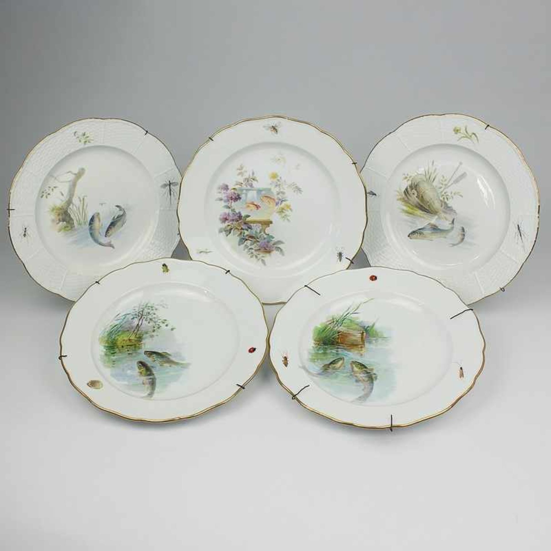 Meissen - Teller 1850-1924, 5 St., blaue Knaufschwerter, 1. Wahl, Fischteller, 2x Form "Alt-