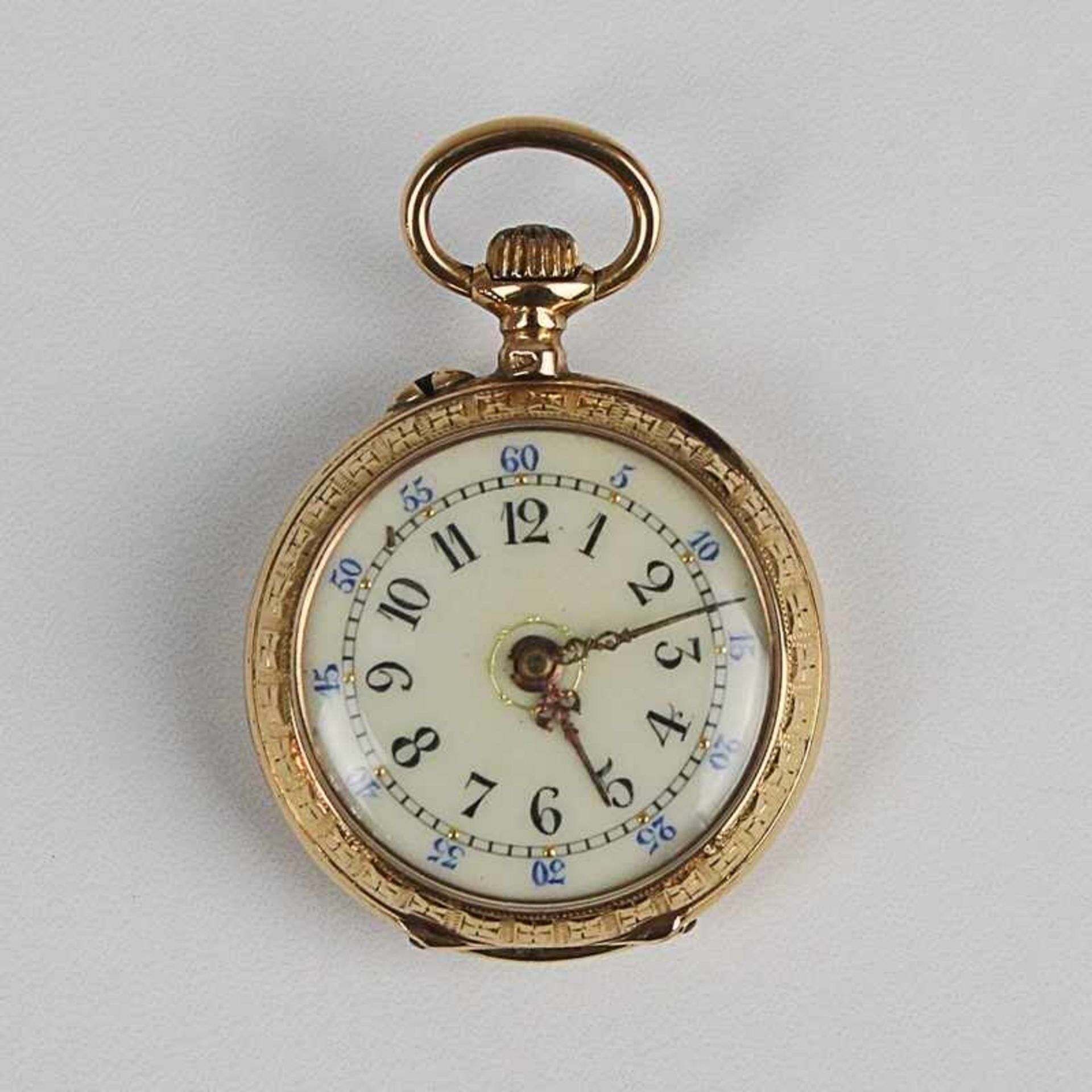 Damentaschenuhr um 1910, GG 750 gepr., Lepine-Gehäuse, Dca.2,5cm,weißes Emailzifferblatt, arab.