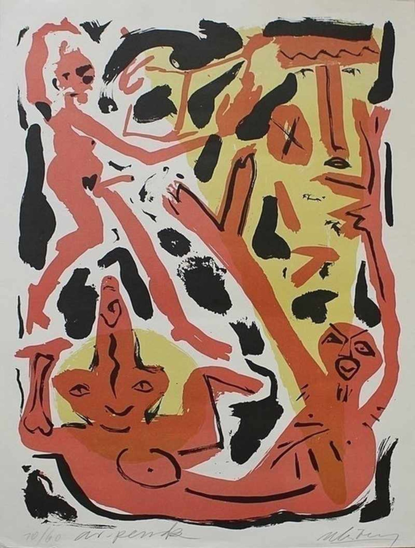 Penck, A.R. "Abstrakte Komposition", um 1990, Farblitho in Schwarz/Gelb/Rot, li. un. num. 10/60 u.