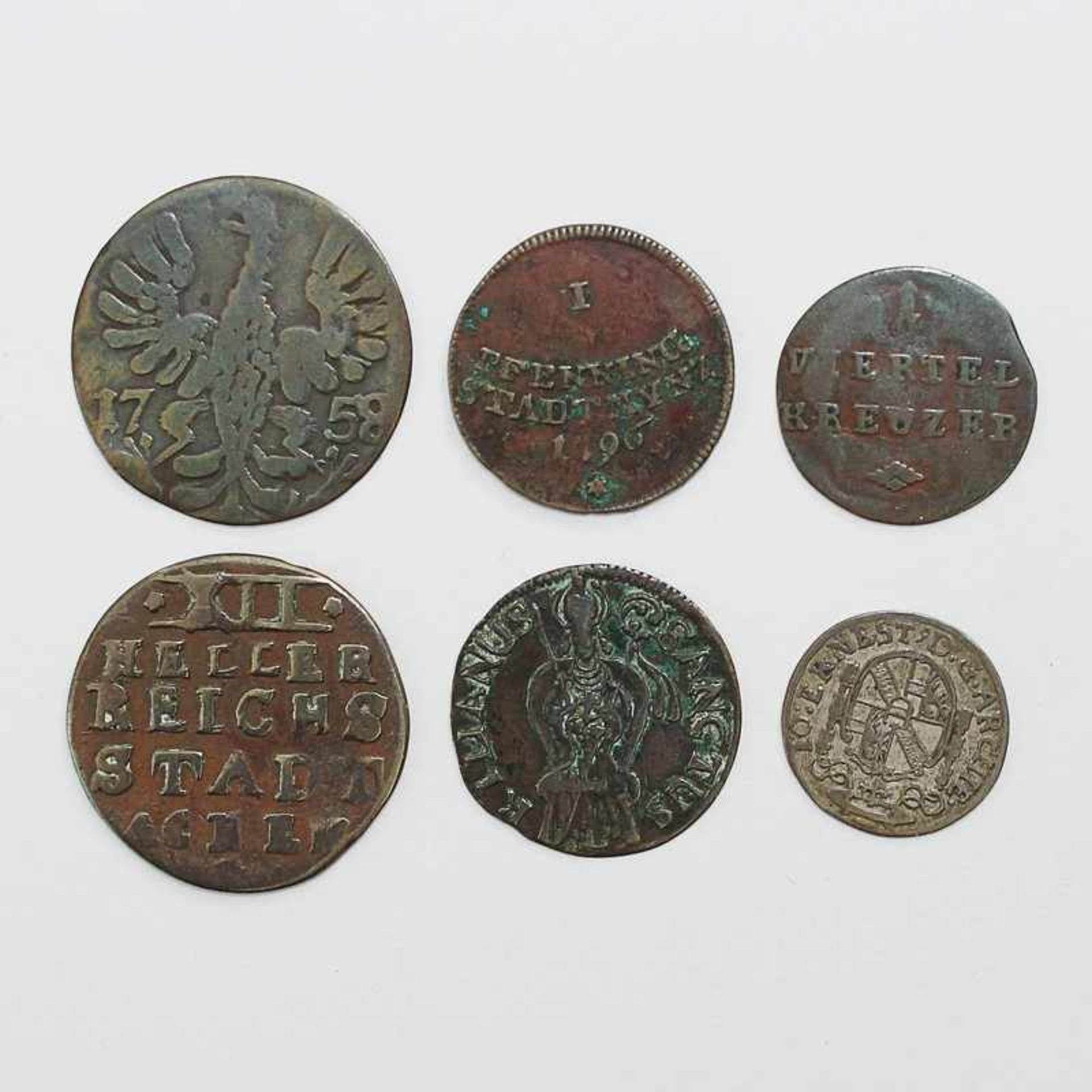 Münzen 6 St., 1/4 Kreuzer 1811 Würzburg, 1 Pfennig 1688 Salzburg, 1 Pfennig Stadtmunz 1796, 1 x