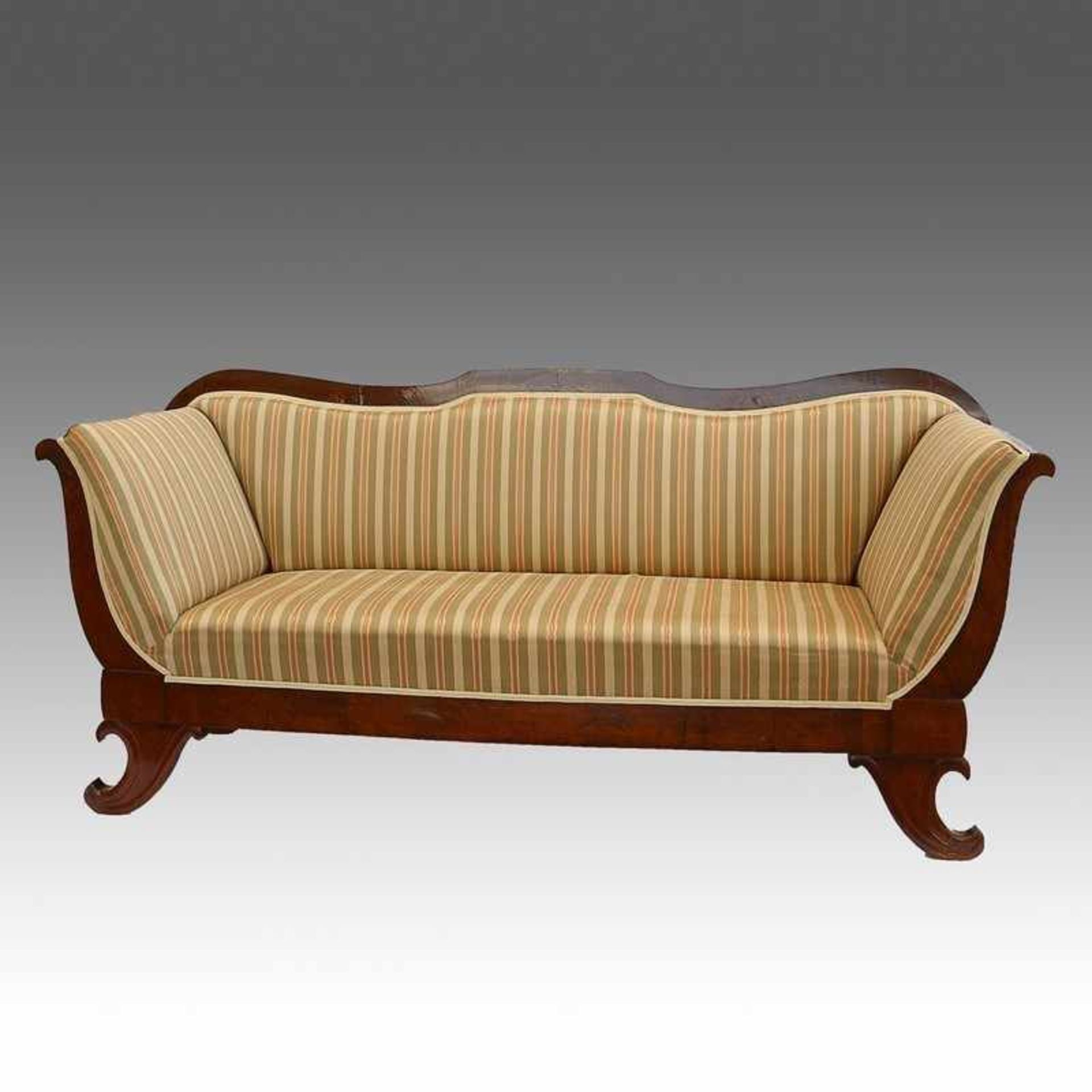 Biedermeier - Sofa um 1830, Mahagoni furniert, gebogte Beine, in stilisierter Kelchform, gerade