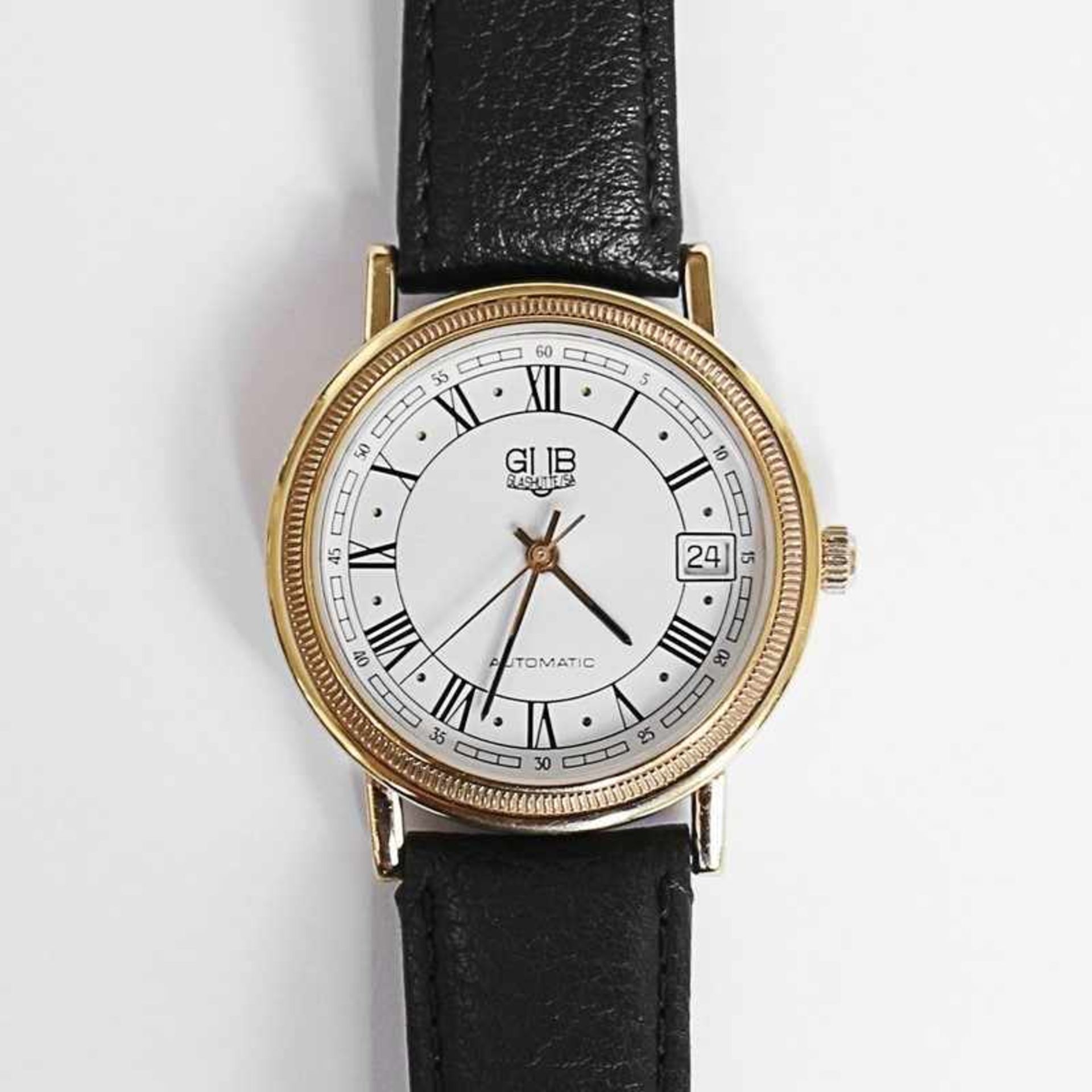 Herrenarmbanduhr - GUB Glashütte/SA Automatic, Edelstahl, Lünette goldfarben, Dca.3,4cm, weißes