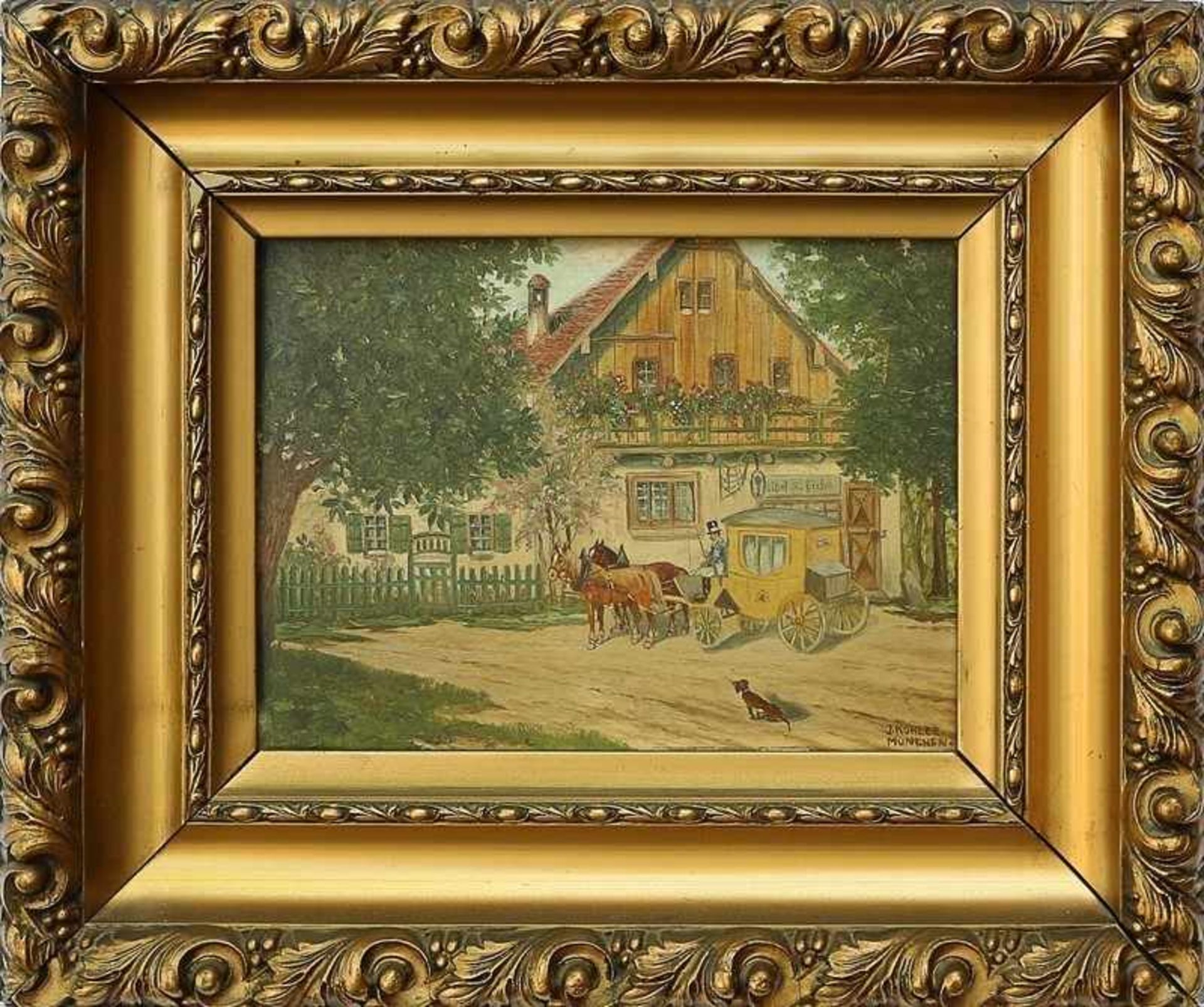 Kohler, Josef um 1920, "Postkutsche vor dem Wirtshaus", Öl/Holz, harmonische Farbpalette, feiner