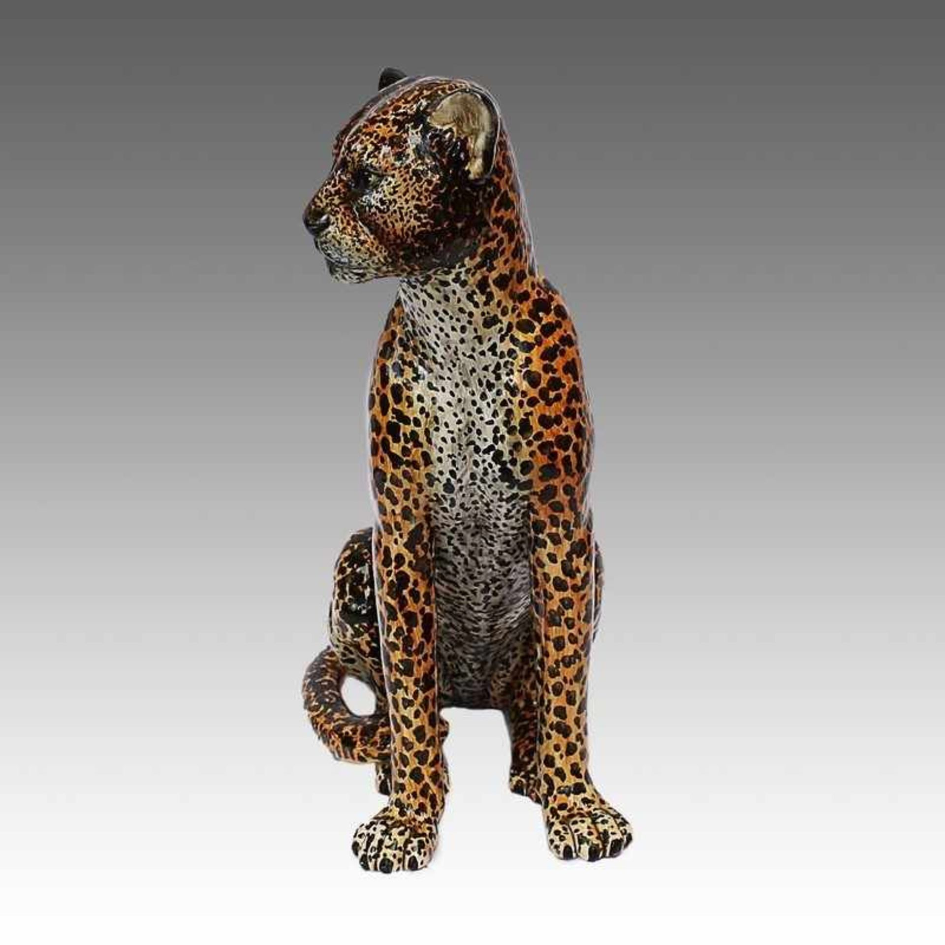 Figur - Leopard große sitzende, vollplast. Figur, farbig glasiert, min. Alterssp., H78cm