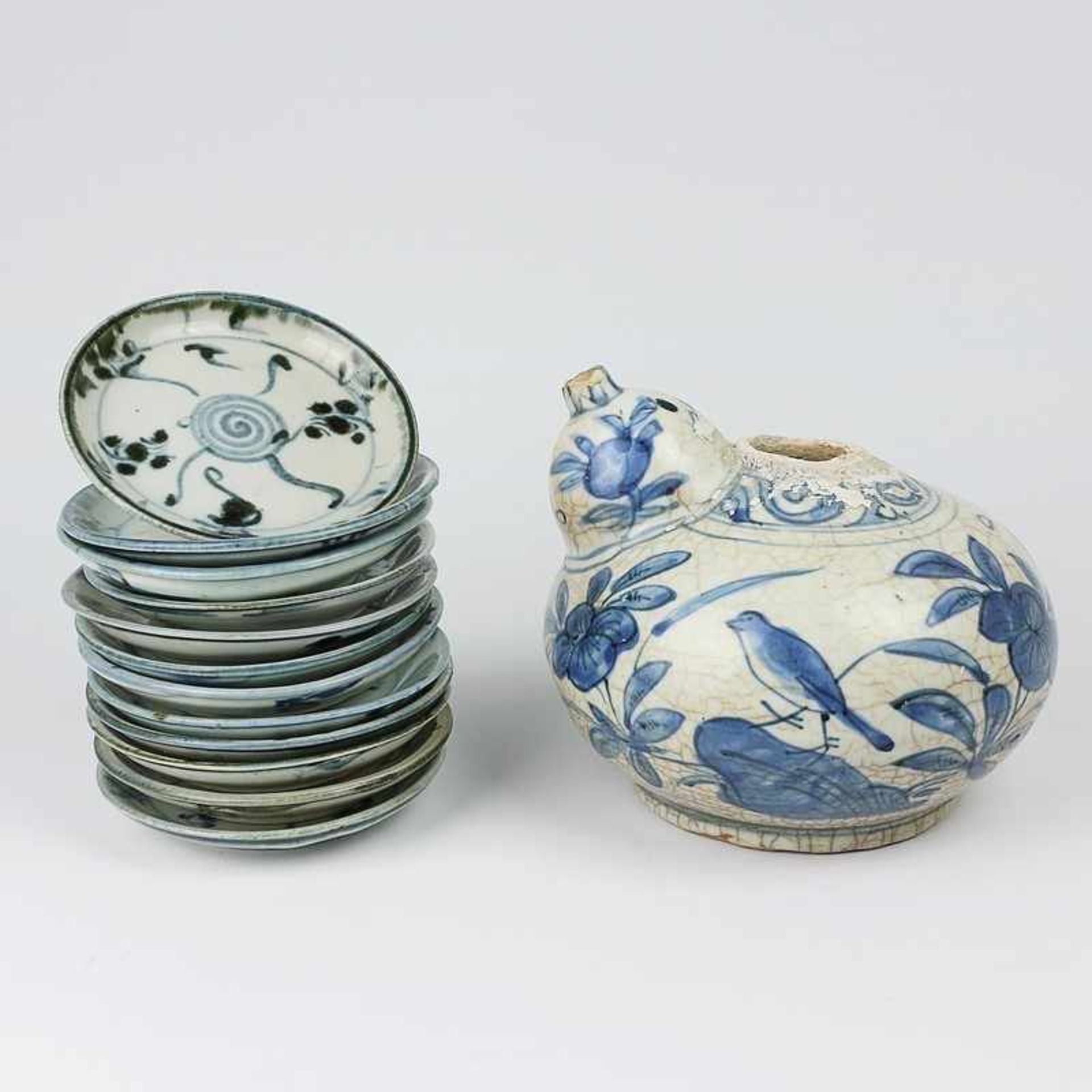 Konvolut 13 St., China, Keramik/Porzellan, Unterglasurblau, versch. Motive, Vogel, Ornamente, 1x