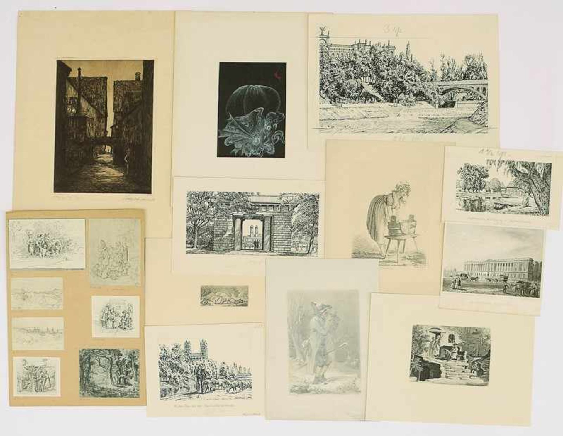 Konvolut ca. 10 St., Stiche, Radierungen, Zeichnungen u.a, Ferdinand Rothbart u.a., Genreszenen,