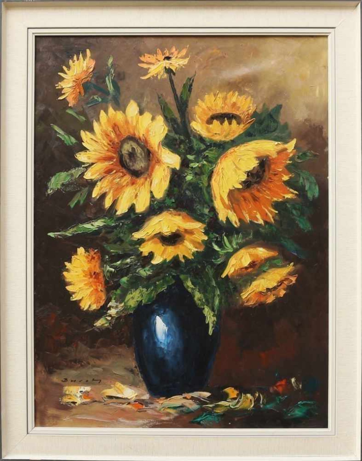 Busch, H. geb. 1918, Studium in Brünn u. München, dt. Landschaftsmaler, "Sonnenblumen in der