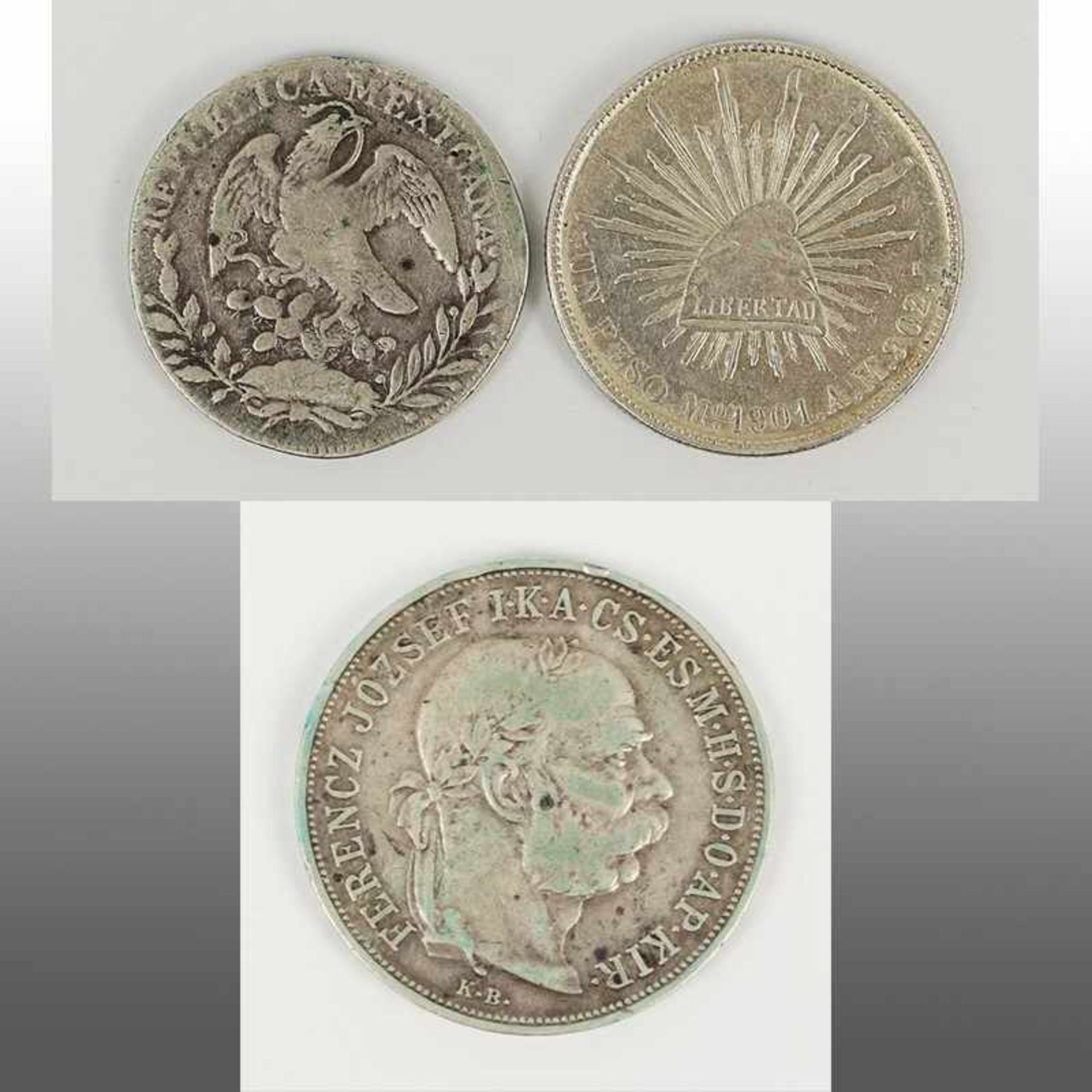 Münzen - Drei Stück Mexiko - 2 x Un Peso 1 x 1833, O.M.10 D, D37mm, G16g, vz und 1 x 1901 A.M.902,