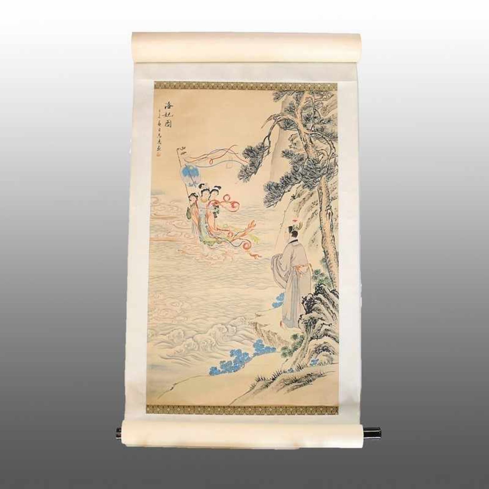 Blderrolle 20.Jh., China, Papierrolle m. Seide aufgezogen, darauf Seidenmalerei, Tusche, Darstellung