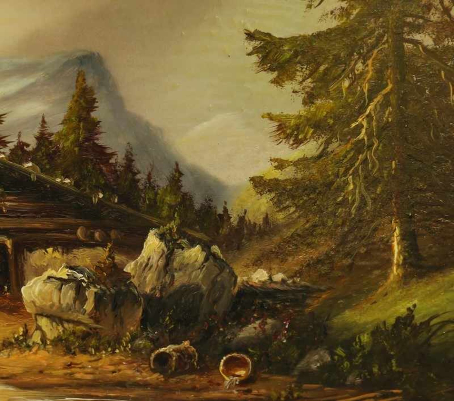 Kiesel, H.G. "Bergbauernhof mit Kühen und Staffagefiguren", Öl/Holz, freundliche Farbpalette, feiner - Bild 3 aus 4