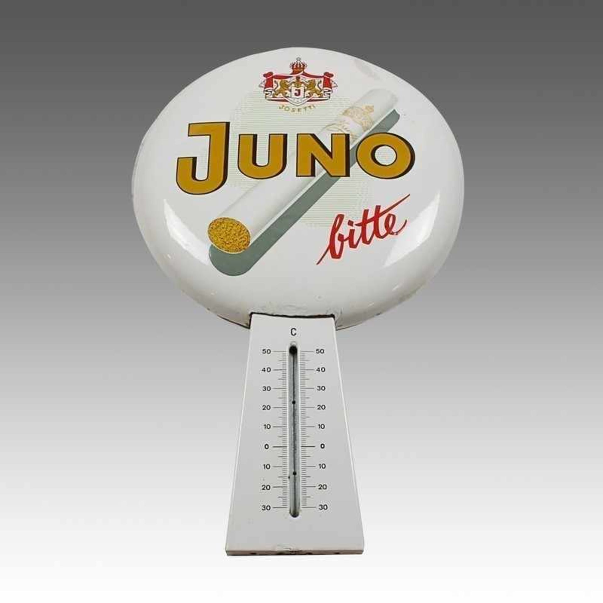 Werbeschild Emaille, weißer Fond, "Juno" Zigarettenwerbung, Thermometer fehlt, Beschädigungen