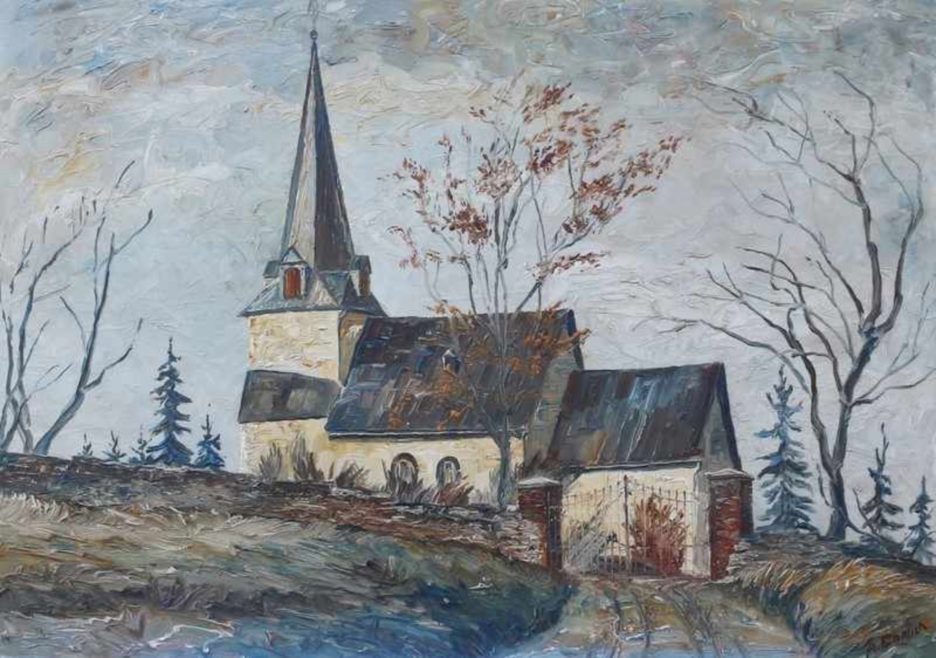 Ehrlich, A. "Kirche in winterlicher Landschaft", Öl/Platte, helle Farbpalette, pastoser Duktus,