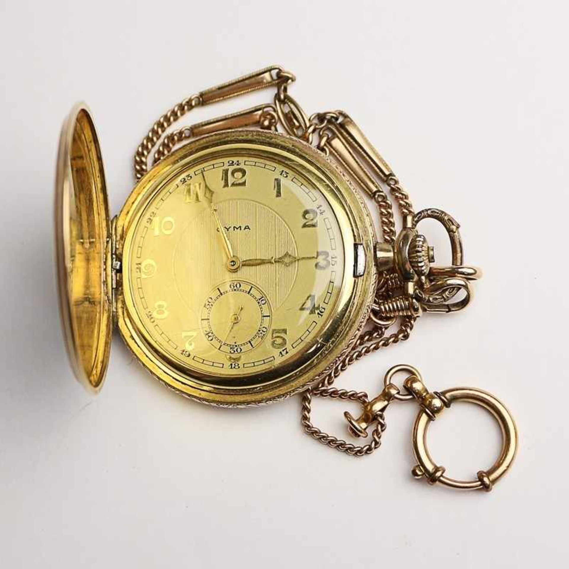 Herrentaschenuhr - Cyma Double, Savonette, Dca.5cm, goldfarbenes Zifferblatt, arab. Ziffern, kl.