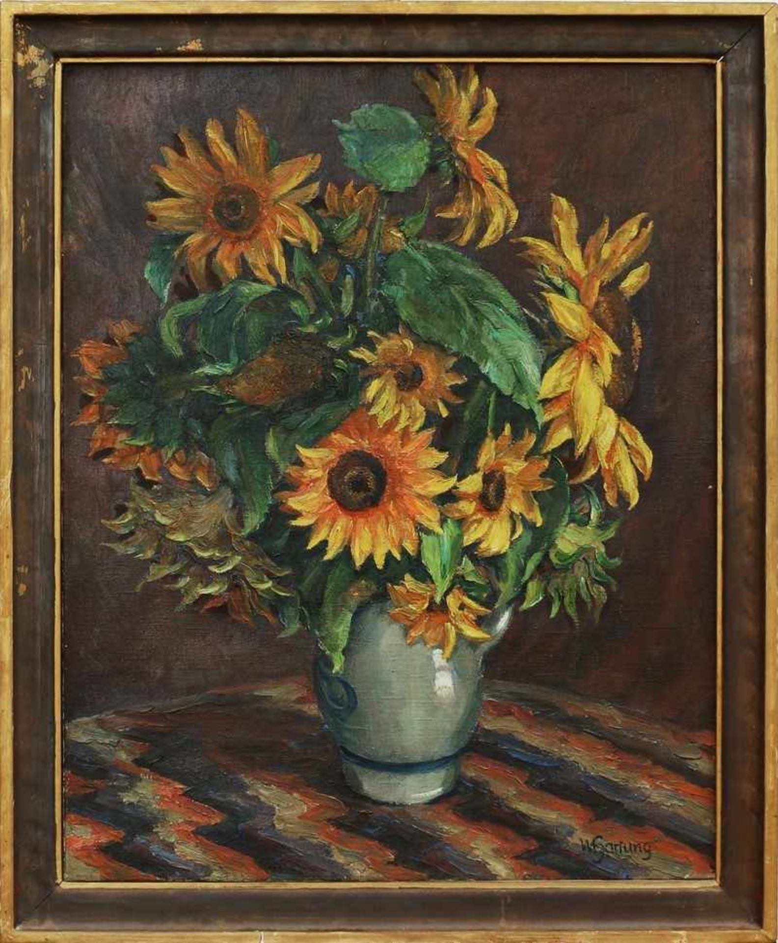 Hartung, Wolfgang "Sonnenblumen in der Vase", Öl/Lwd., gedeckte Farbpalette, breiter Duktus,