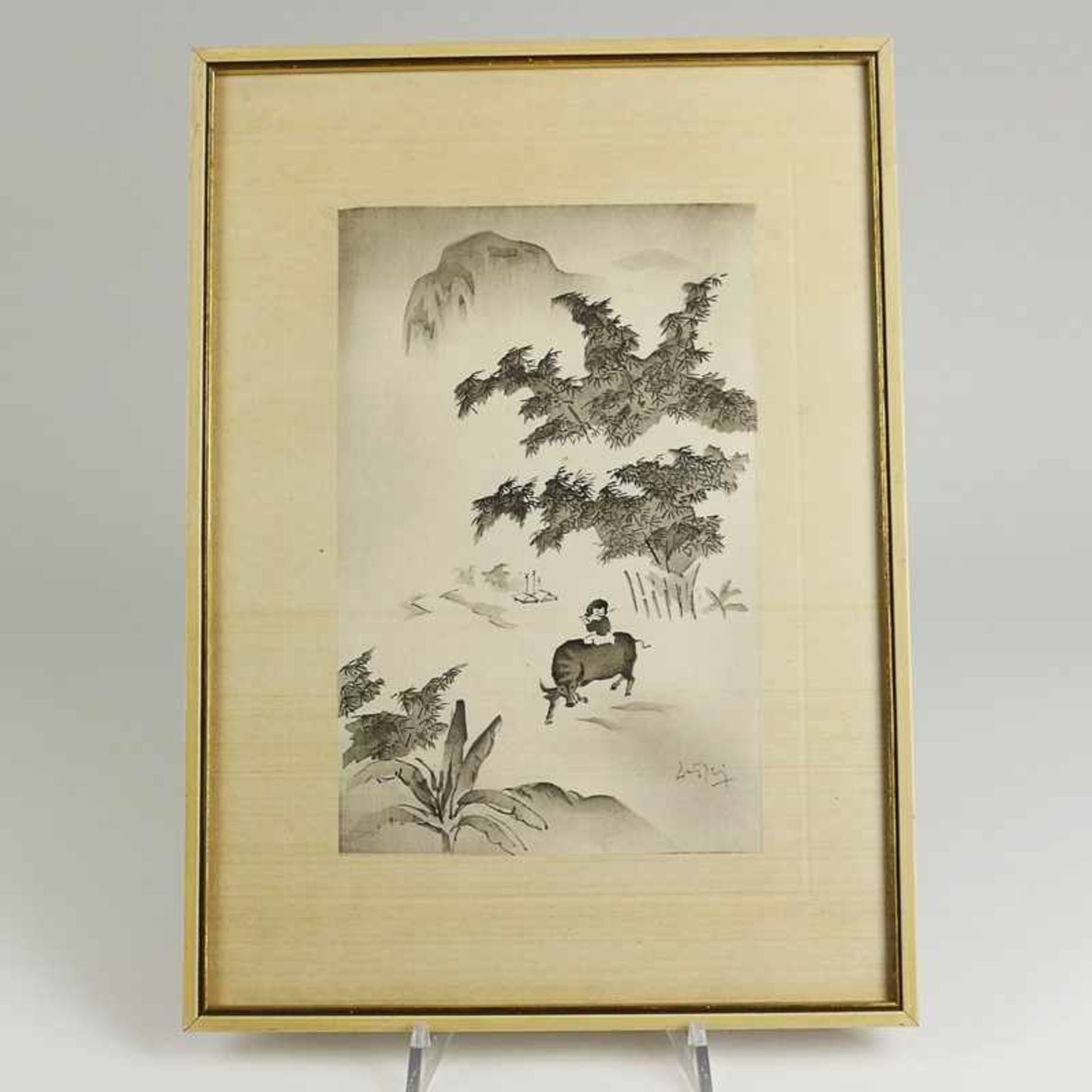 Seidenmalerei - China 20.Jh., schwarze Malerei, Flötenspieler auf einem Bullen vor einer