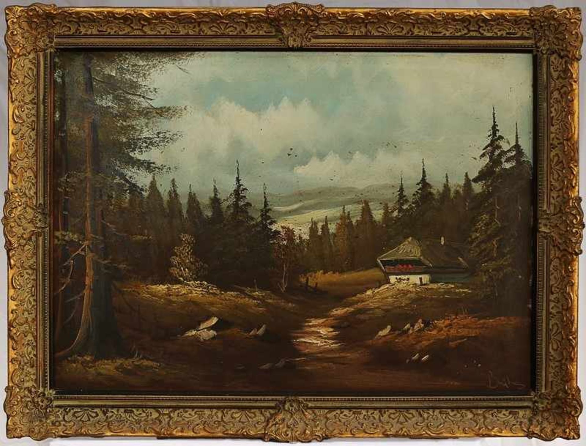 Bruhns rs. auf Klebeetikett bez. "Schwarzwald bei Triberg", Öl/Lwd., erdtonige Farbpalette,