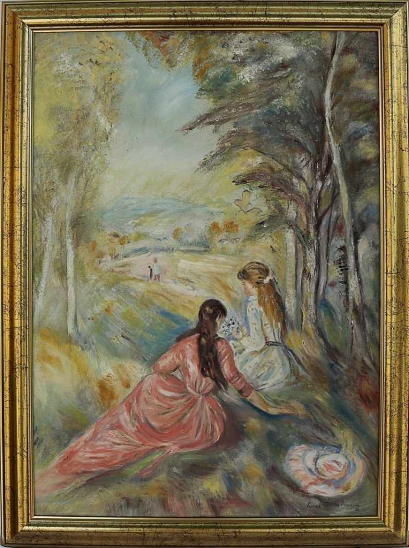 Billing-Plischka, Renate "Zwei Mädchen in der Landschaft", Öl/Lwd., pastelltonige Farbpalette,