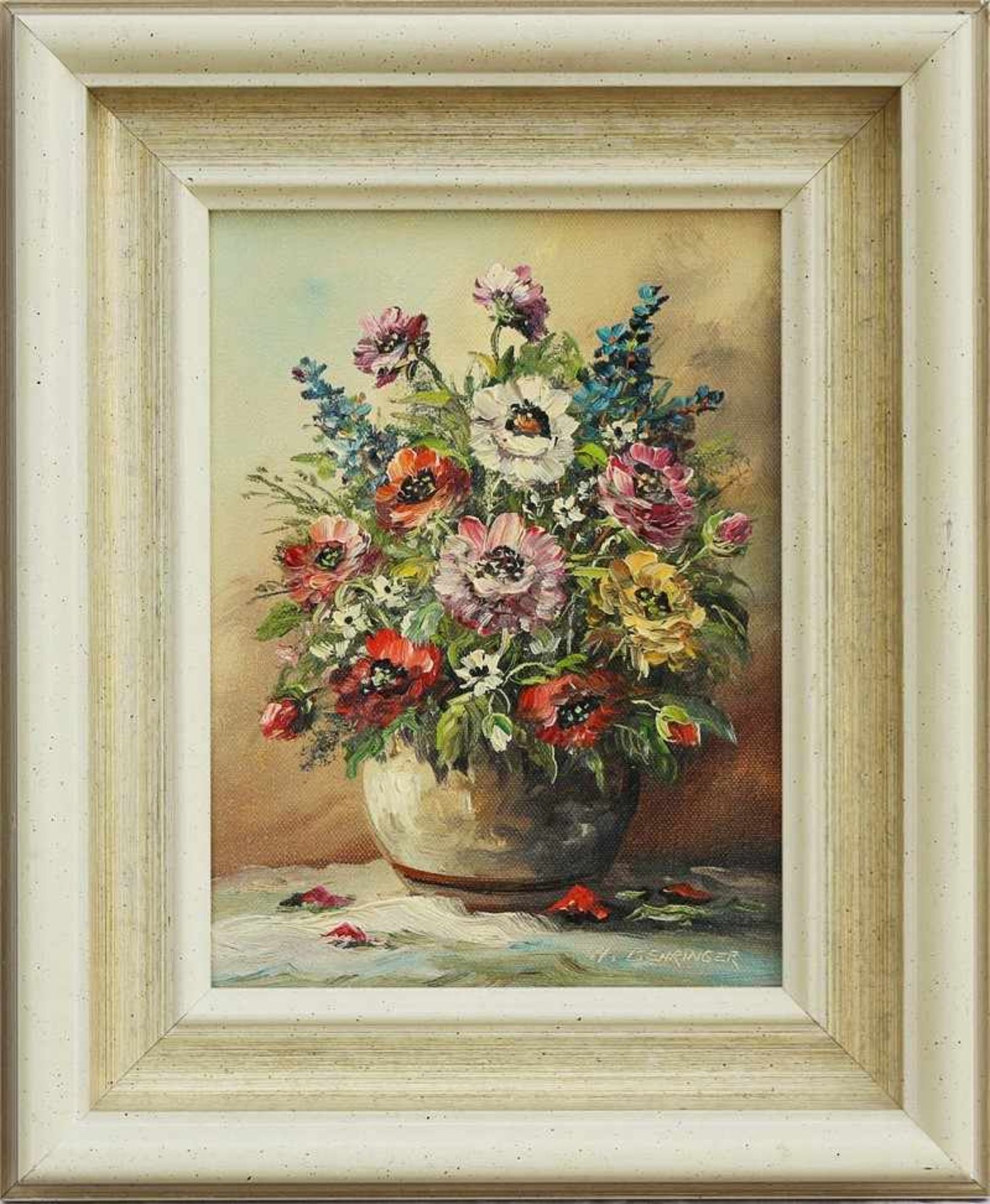 Behringer, Johann geb. 1929 Nürnberg, "Blumenstillleben in der Vase", Öl/Lwd., helle Farbpalette,