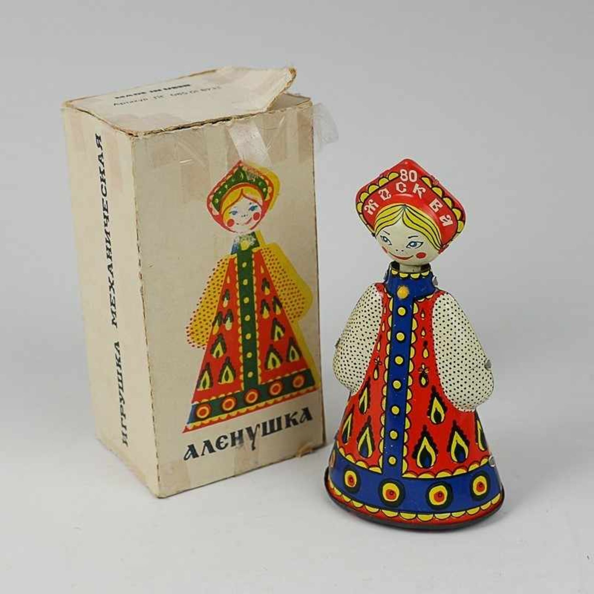 Blechspielzeug Figur, Aljonuschka, russ. Märchenfigur, bez. Moskau 80, Made in USSR, Uhrwerk mit