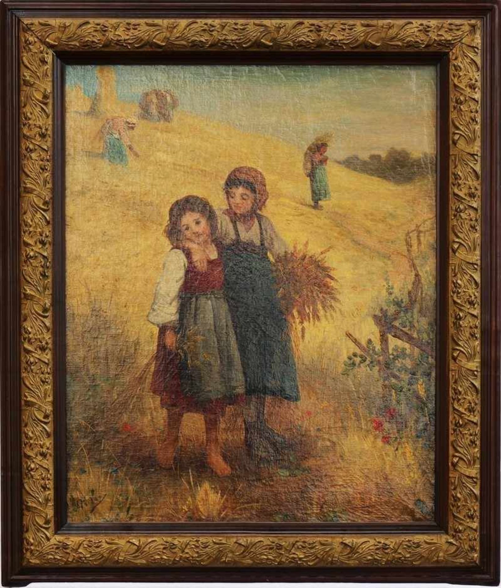 Fridoy, A. "Zwei Mädchen beim Einholen der Ernte", Öl/Lwd., harmonische Farbpalette, flächiger