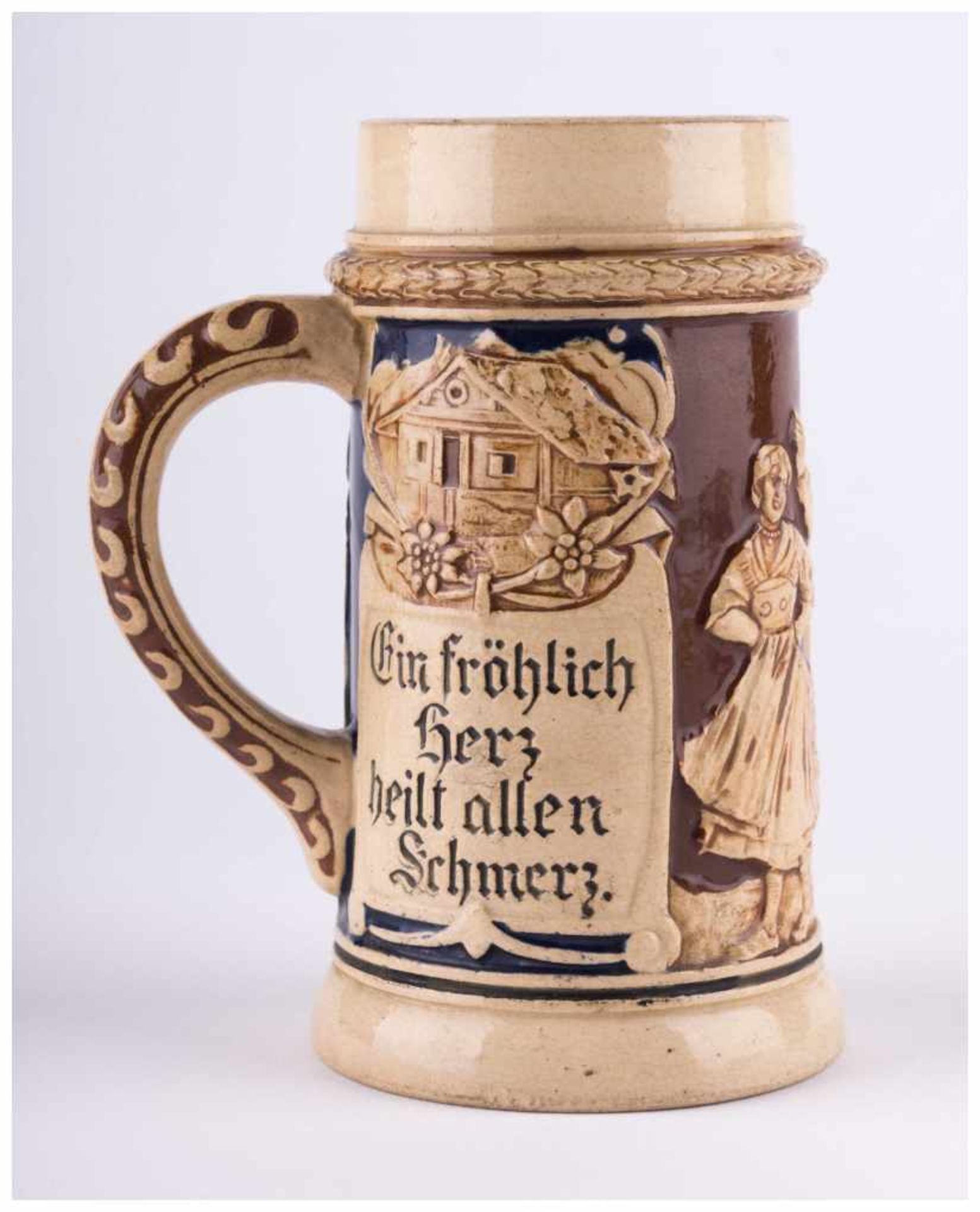 Bierkrug um 1900 / Beer tankard, about 1900 - 1/4 L, mit Sinnspruch-ein fröhlich [...]