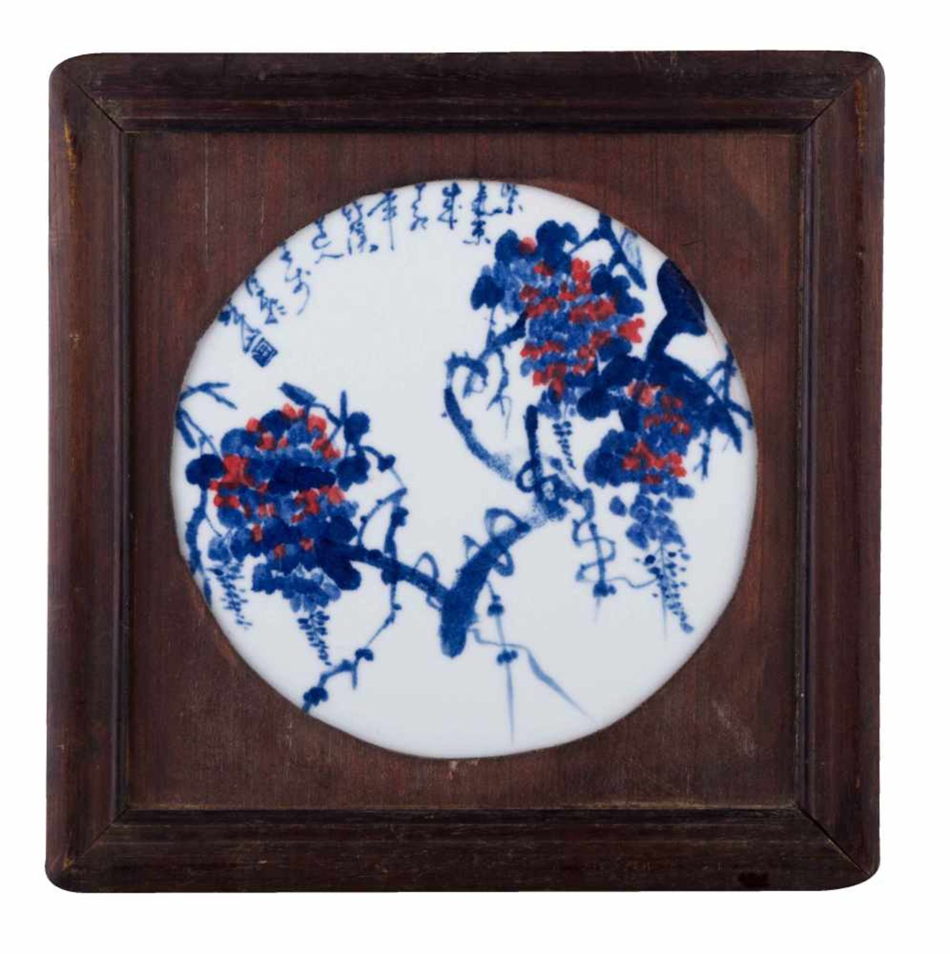 Porzellanbild China / Porcelain picture, China rund, bemalt mit Blumen, mit Signaturstempel und