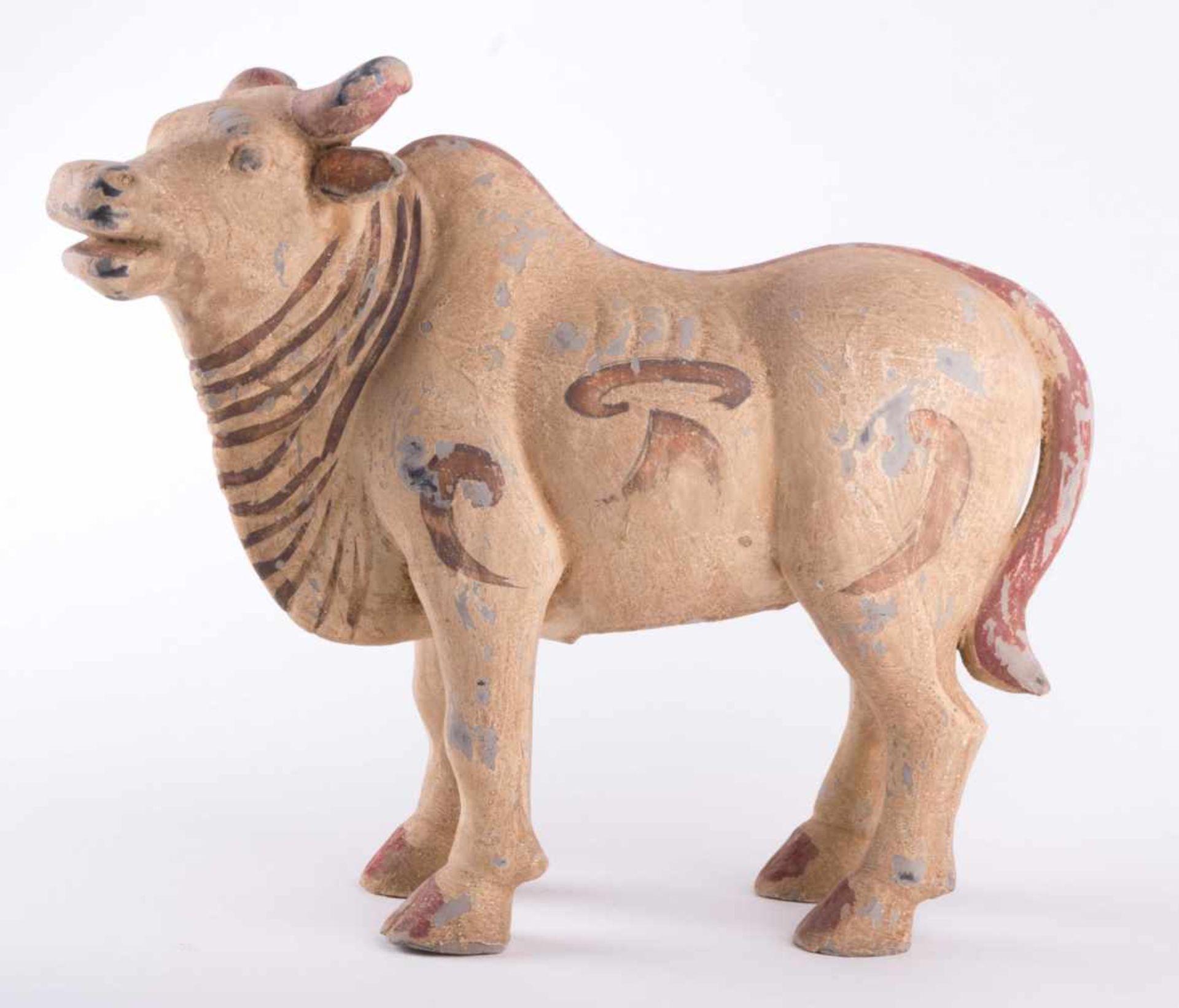 alter Stier China / old cermaic bull, China alte teilsfarbige Fassung, ca. 33 cm x 40 cm x 16 cm,