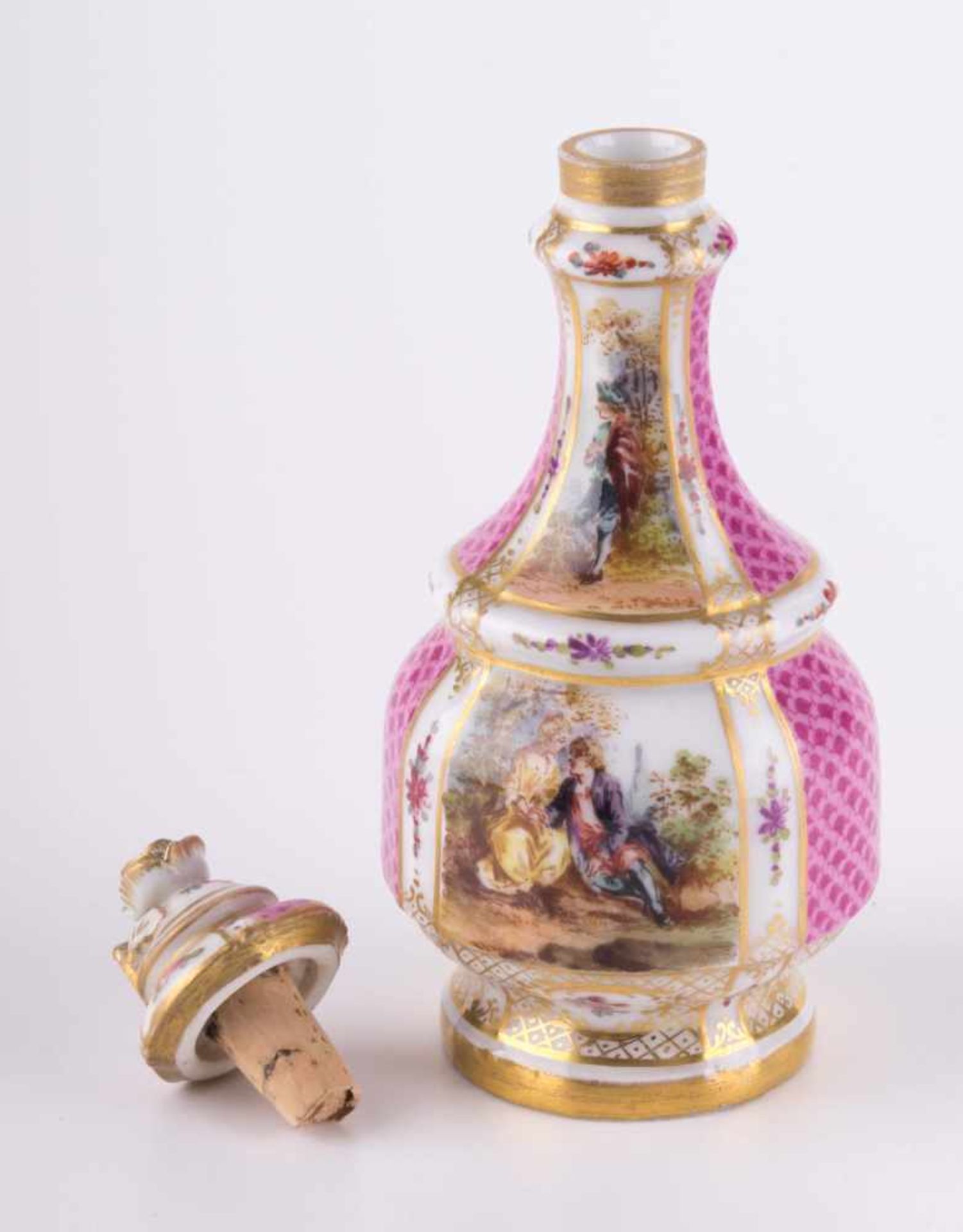 Biedermeier Parfumflakon KPM / Perfume flask, KPM Vorder- und rückseitig bemalt mit Watteau- - Bild 4 aus 11