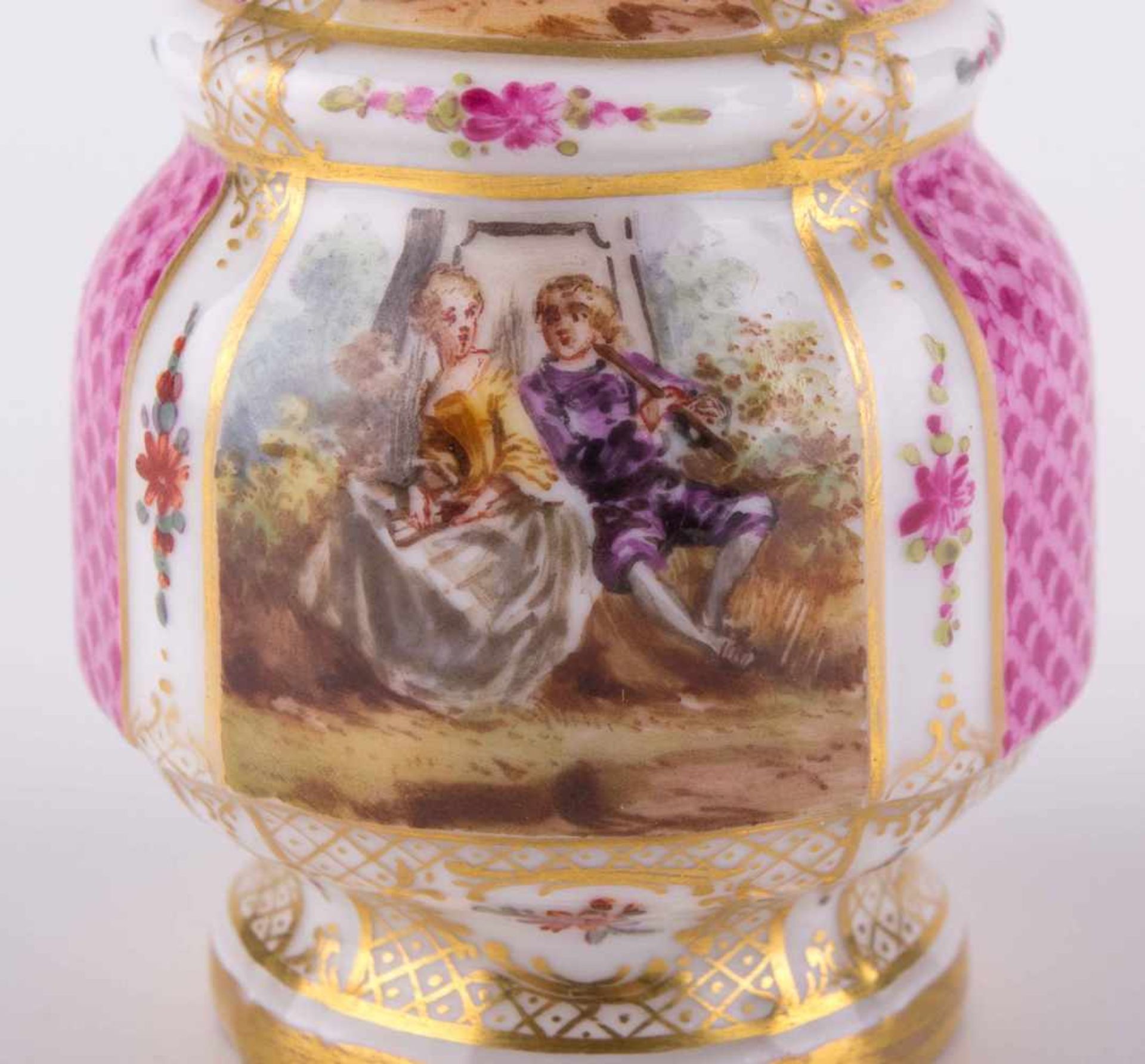 Biedermeier Parfumflakon KPM / Perfume flask, KPM Vorder- und rückseitig bemalt mit Watteau- - Bild 6 aus 11