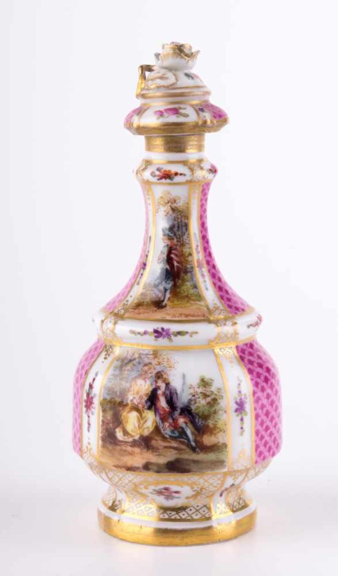 Biedermeier Parfumflakon KPM / Perfume flask, KPM Vorder- und rückseitig bemalt mit Watteau- - Bild 2 aus 11