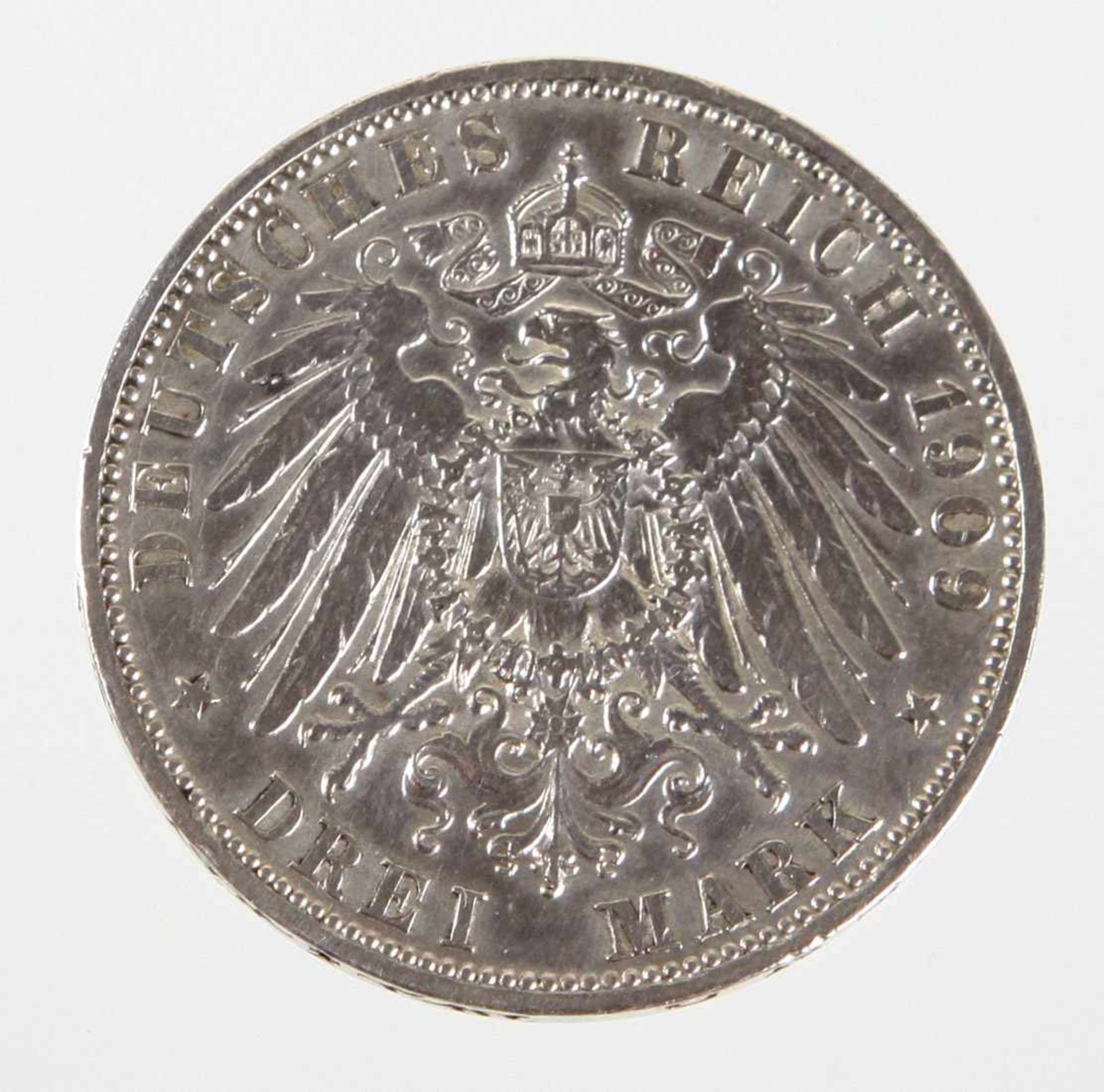 3 Mark Wilhelm II Preussen 1909 A Silbermünze Drei Mark Deutsches Reich 1909, so um gekrönten - Bild 2 aus 2