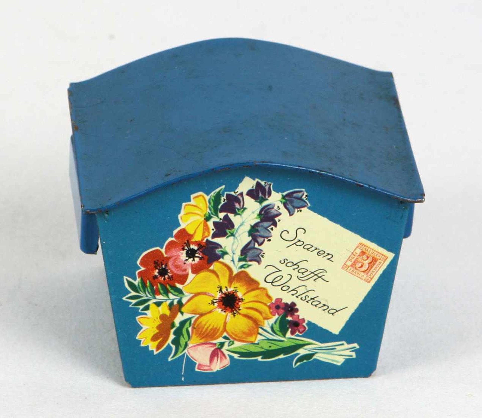 Puppenstuben Briefkasten Blech blau lithographiert, Briefkasten für die Puppenstube in eckiger