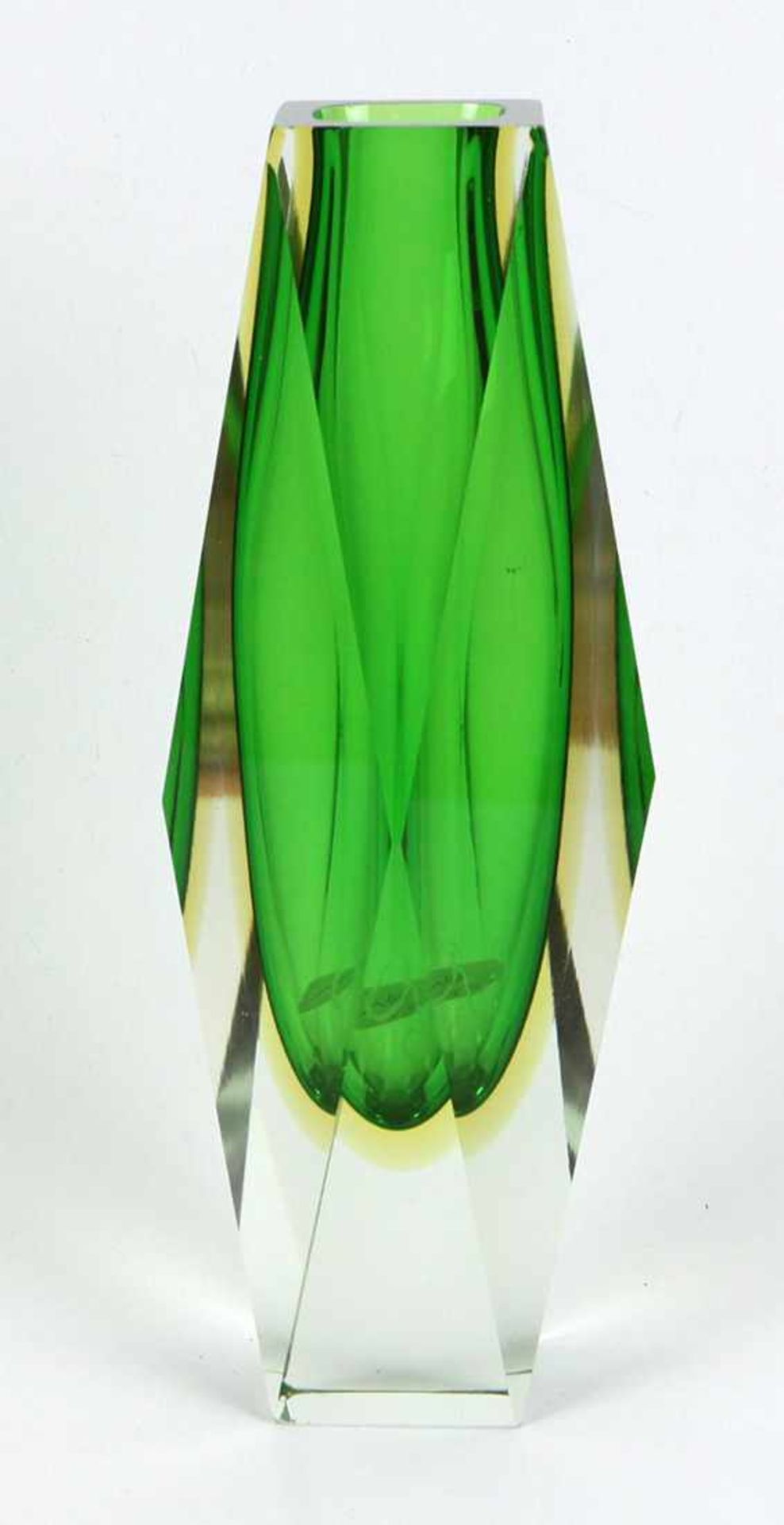 Murano Sommerso Vase um 1960 farbloses Kristallglas mundgeblasen mit grünem u. gelbfarbenem