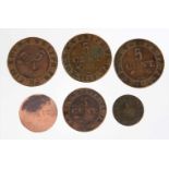 6 Münzen Königreich Westphalen 1810/12 Kupfer, dabei 1, 2, 3, u. 3 x 5 Centimes Königreich